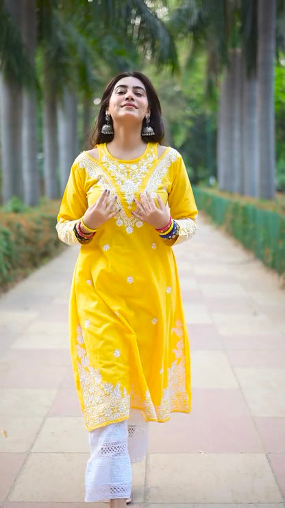 Cotton Chikankari Long Kurta Yellow
