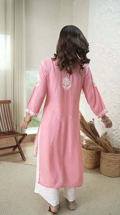New Chikankari Exclusive Kurti_Pent Pair Design (Peach)