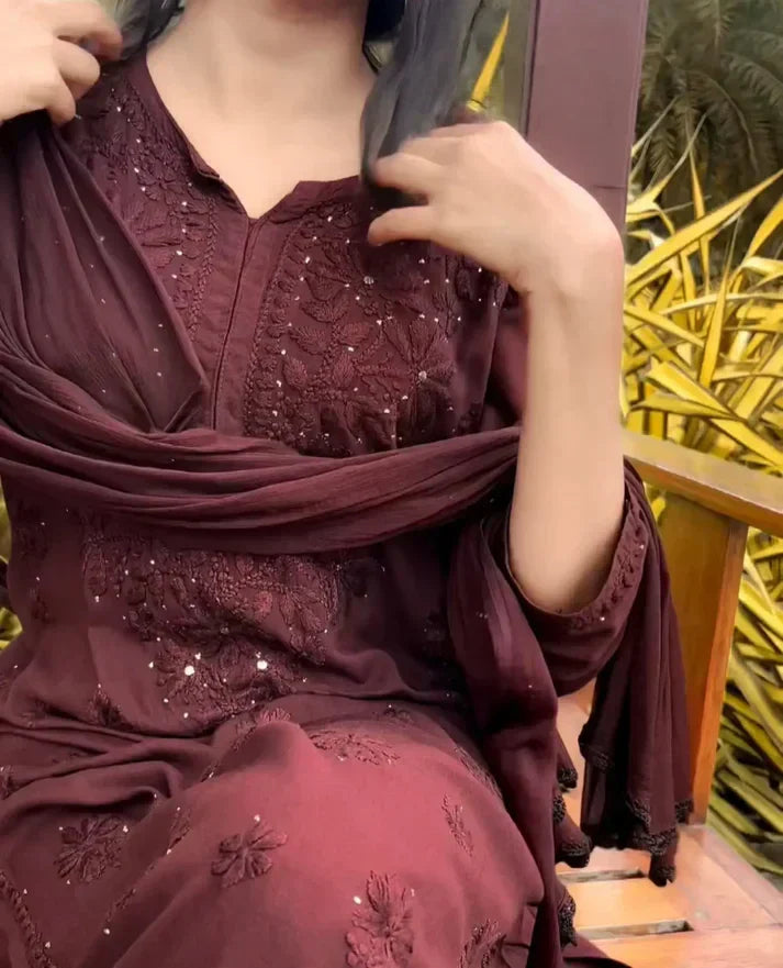 Nagma Brown Rayon Mukesh- Chikankari Set (Brown )