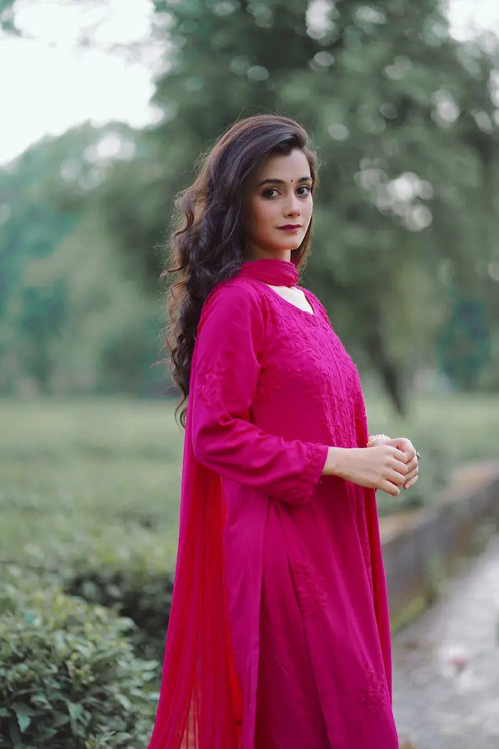 Zeenat Fuchsia Rayon Lucknowi Chikankari Set (Rani Pink)