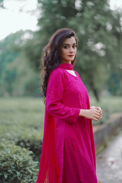 Zeenat Fuchsia Rayon Lucknowi Chikankari Set (Rani Pink)