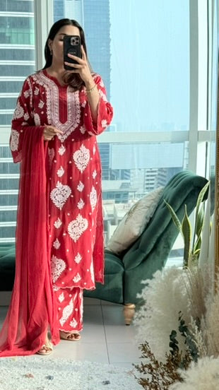muslin Fabric scalloped Rose Crepe set (Red)