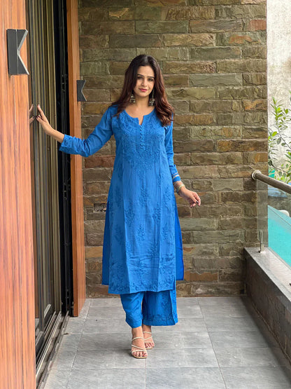 Lucknow Chikankari Handwork Embroidered Kurta Plazzo ( Blue)