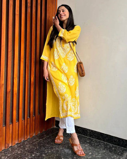 WOMEN CHIKAN EMBROIDERY Kurti_Pent Pair Design (Yellow)