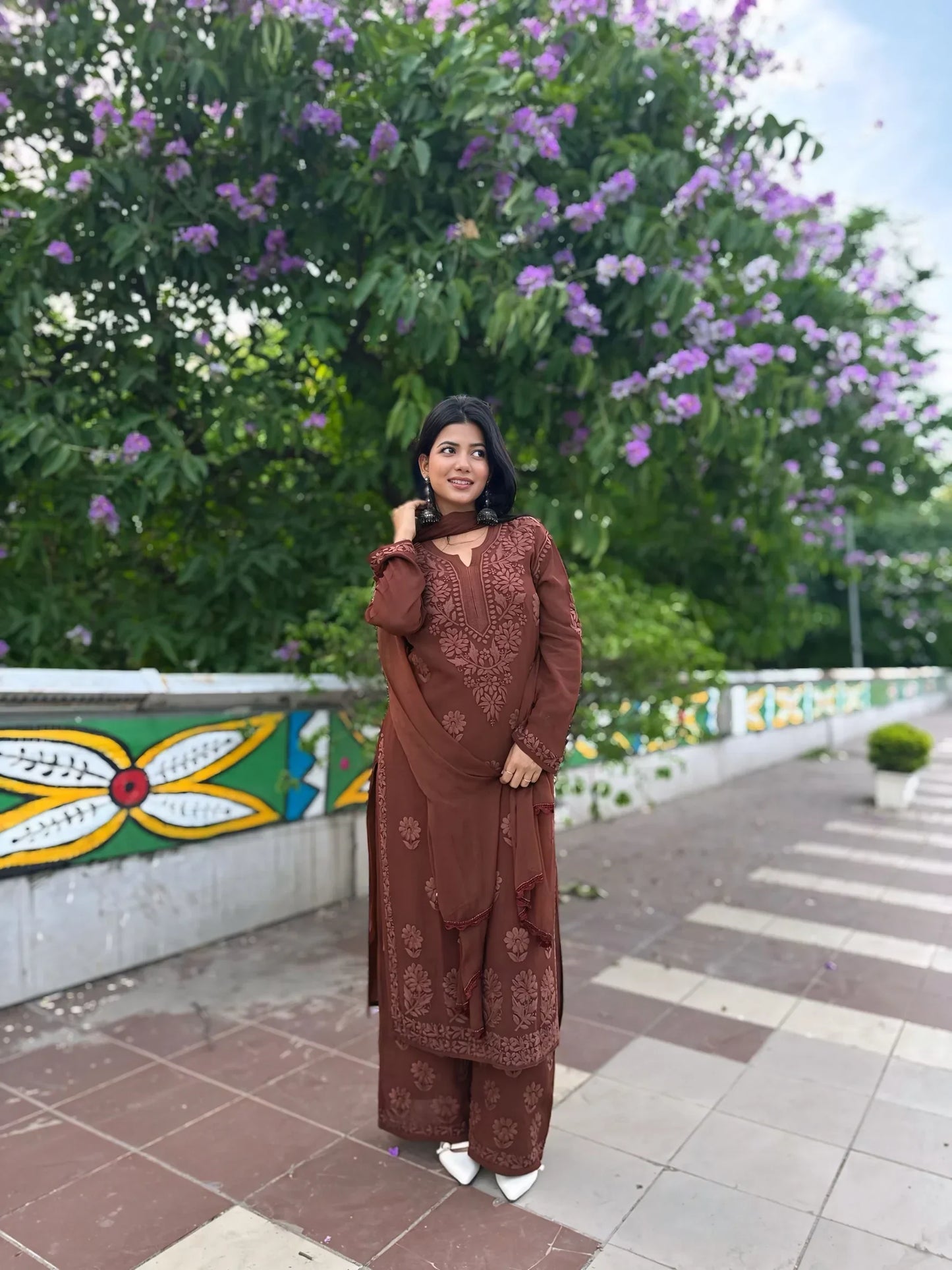 Viscose Georgette Straight Kurta Set With 3D Work (Brown)