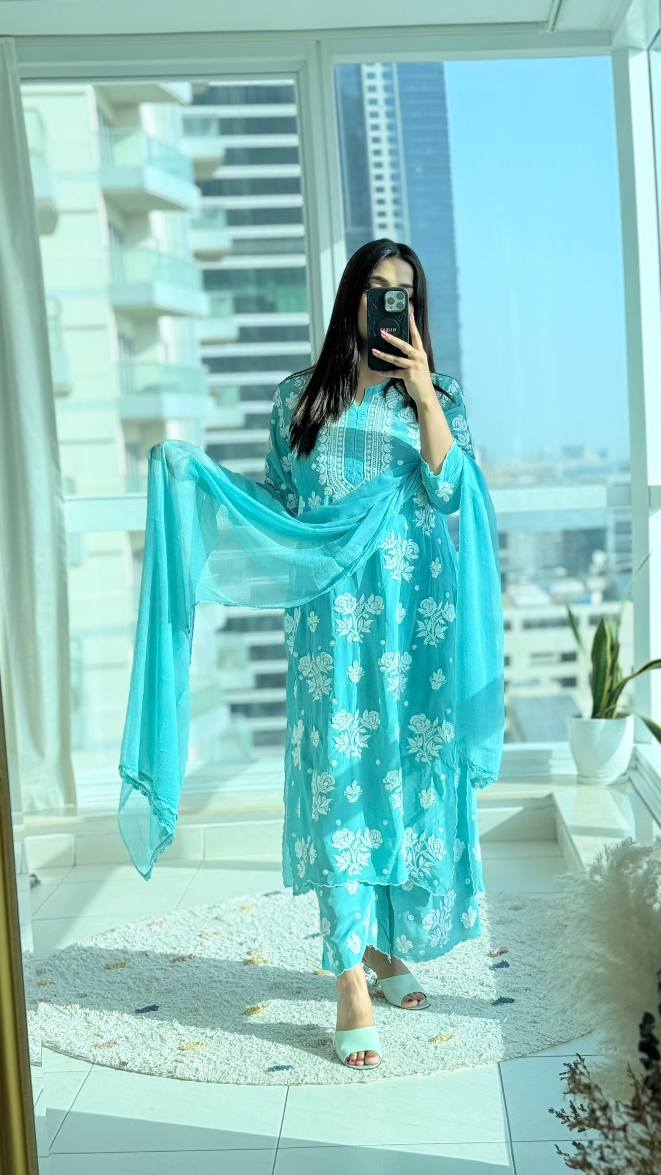 Rose Muslin Crepe sets  (Sky Blue)